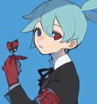  1boy armband black_jacket black_ribbon blue_background blue_eyes blue_hair bug collared_shirt commentary_request from_side gekkoukan_high_school_uniform hand_up heterochromia highres jacket ladybug looking_at_viewer looking_to_the_side magic_arm male_focus neck_ribbon parted_lips persona persona_3 puyopuyo puyopuyo_quest red_armband red_eyes ribbon s.e.e.s school_uniform shirt sig_(puyopuyo) simple_background solo upper_body urolo white_shirt 