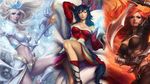  ahri black_hair blonde_hair breasts janna_windforce katarina_du_couteau league_of_legends multiple_girls pointy_ears red_hair smile stanley_lau yellow_eyes 