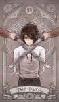  3others arms_behind_back art_nouveau blade_to_throat bolo_tie brown_eyes brown_hair brown_jacket closed_mouth collared_shirt commentary crossed_swords english_commentary english_text eyepatch glasses grey_background hange_zoe highres jacket loose_necktie mame_han_chan medium_hair multiple_others necktie paradis_military_uniform parted_bangs ponytail roman_numeral shingeki_no_kyojin shirt sword tarot the_devil_(tarot) upper_body weapon white_shirt 