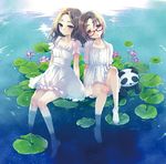  bare_legs barefoot brown_eyes brown_hair dress feet glasses head_tilt lily_pad long_hair multiple_girls namanie original panda red-framed_eyewear short_hair sitting smile soaking_feet 