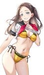  1girl bikini black_sailor_collar blue_eyes blush breasts brown_hair character_request cleavage clothes_lift commentary contrapposto copyright_request forehead grin highres lifting_own_clothes long_hair looking_at_viewer medium_breasts nagayori navel neckerchief one_side_up pink_neckerchief sailor_collar shirt shirt_lift simple_background smile solo swimsuit swimsuit_under_clothes teeth white_background white_shirt wind yellow_bikini 