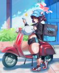  1girl ahoge alternate_costume animal_ears blue_archive box brand_name_imitation breasts commentary delivery employee_uniform english_commentary fang full_body hair_between_eyes hair_bun halo hat highres holding holding_phone huge_breasts insulated_delivery_bag kaede_(blue_archive) knee_pads motor_vehicle multicolored_shoes navel oppai_loli outdoors package phone pink_halo purple_hair raccoon_ears raccoon_girl red_halo red_shoes ribbon-trimmed_thighhighs ribbon_trim scooter shoes shorts silver_queen_(silverqueen0) single_side_bun skin_fang smile sneakers solo thighhighs thighs uber_eats untied_shoelaces white_shoes yellow_eyes 