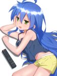  1girl :3 ahoge arm_support blue_camisole blue_hair blue_shirt camisole commentary controller cowboy_shot dot_nose english_commentary from_above green_eyes gsa082rnw highres izumi_konata long_hair looking_at_viewer loose_clothes loose_shirt lucky_star lying midriff_peek mole mole_under_eye navel no_bra on_side open_mouth remote_control shadow shirt short_shorts shorts sleeveless sleeveless_shirt solo stomach thighs white_background yellow_shorts 
