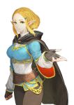  1girl arm_at_side black_cape black_gloves blonde_hair blue_shirt braid breasts brown_pants brown_sash cape clenched_hand closed_mouth commentary_request cowboy_shot crown_braid eyelashes fingerless_gloves gloves green_eyes hair_ornament hairclip hand_up highres hood hood_down hooded_cape jun_(navigavi) light_smile lips long_sleeves looking_at_viewer medium_breasts nose open_hand pants partial_commentary pointy_ears pouch princess_zelda revision shirt short_hair sidelocks simple_background solo the_legend_of_zelda the_legend_of_zelda:_tears_of_the_kingdom triforce waist_bag white_background 