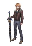  1boy alternate_costume alternate_universe arm_at_side backpack bag blonde_hair blue_eyes blue_shirt brown_jacket casual closed_mouth collared_jacket commentary_request contemporary crew_neck denim earrings full_body grey_pants grey_shoes hair_over_one_eye highres holding holding_sword holding_weapon jacket jeans jewelry jun_(navigavi) light_smile link lips long_sleeves looking_at_viewer male_focus master_sword medium_hair pants partial_commentary partially_unzipped pointy_ears ponytail revision scabbard sheath sheathed shirt shoes sidelocks simple_background solo standing sword the_legend_of_zelda the_legend_of_zelda:_breath_of_the_wild triforce weapon white_background white_bag 