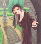  1girl an_dres_art bench black_robe character_request commentary_request copyright_request courtyard day fingernails full_body hand_on_own_chest highres holding_rosary incoming_gift leaning_forward long_hair long_sleeves looking_at_viewer monastery nun original robe sandals smile solo stairs standing statue toenails yellow_eyes 