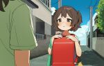  2girls absurdres backpack bag blue_sky blush brown_eyes brown_hair child cloud commentary day dot_nose green_bag hair_tie highres house kyamimasita looking_at_another multiple_girls original outdoors power_lines raised_inner_eyebrows randoseru red_bag sad shirt short_hair short_twintails sky solo_focus suburb sweat tree twintails utility_pole white_shirt yellow_bag 