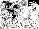  1boy commentary en'en_no_shouboutai english_commentary fire firefighter firefighter_jacket grin jacket leg_tattoo looking_at_viewer male_focus monochrome multiple_views neck_armor official_art ohkubo_atsushi parted_lips pyrokinesis sharp_teeth shinra_kusakabe smile solo squatting star_(symbol) star_symbol_background striped_clothes striped_jacket tattoo teeth 
