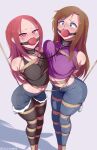  2girls absurdres arms_behind_back bagelbomb ball_gag bdsm blue_eyes blush bondage borrowed_character bound bound_ankles bound_arms bound_legs bound_thighs bound_together bound_torso breast_press breasts brown_hair clenched_teeth collar commentary commission crop_top crotch_rope cutoffs denim denim_shorts english_commentary fang gag gagged heart heart-shaped_pupils highres jeans large_breasts lauren_(franky62009) linked_collar long_hair lucine_(hinatachan1177) medium_breasts midriff multiple_girls open_mouth original pants pantyhose pantyhose_under_shorts parted_bangs red_eyes rope shorts skin_fang symbol-shaped_pupils symmetrical_docking tank_top tape tape_bondage taped_hands teeth tongue tongue_out unworn_gag white_background 