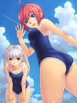  ass blue_eyes brown_eyes cloud competition_school_swimsuit condensation_trail covered_navel day hands_on_thighs long_hair looking_at_viewer multiple_girls one-piece_swimsuit red_hair short_hair sky smile swimsuit twintails uchiu_kazuma waving white_hair 