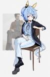  1girl animal_ears black_jacket blue_eyes blue_hair blue_neckerchief blue_shirt blush breasts chair closed_mouth commentary_request crossed_legs ear_covers hair_between_eyes highres horse_ears horse_girl horse_tail jacket k.s.miracle_(umamusume) long_sleeves looking_at_viewer neckerchief on_chair open_clothes open_jacket pants photo-referenced reference_inset saramiao-chan shirt shoes short_hair sitting small_breasts smile tail umamusume white_pants 