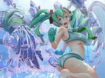  air_bubble animal barefoot beamed_eighth_notes bikini breasts breath bubble eighth_note fish floating_hair freediving gloves green_eyes green_hair hatsune_miku holding_breath large_breasts long_hair musical_note nashipasuta necktie open_mouth solo staff_(music) swimming swimsuit twintails underboob underwater very_long_hair vocaloid whale 