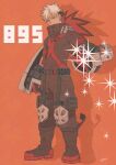  1boy absurdres alt_text bakugou_katsuki belt black_boots black_shirt blonde_hair boku_no_hero_academia boots buckle closed_mouth commentary_request drop_shadow explosive full_body gauntlets gloves grenade high_collar highres knee_pads koromo06418109 long_sleeves looking_at_viewer male_focus multicolored_shirt orange_background outstretched_arm red_eyes red_gloves red_shirt shirt short_hair snap-fit_buckle solo spiked_hair standing two-sided_gloves very_short_hair 