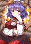  1girl blurry blush breasts brown_skirt commentary_request completion_time depth_of_field highres layered_sleeves long_sleeves looking_at_viewer medium_breasts medium_hair mirror onbashira open_mouth purple_hair red_eyes red_shirt red_skirt rope ruu_(tksymkw) shide shimenawa shirt short_over_long_sleeves short_sleeves skirt solo touhou two-tone_skirt yasaka_kanako 