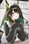  1girl absurdres ahoge apron arknights black_hair blush colored_inner_hair commentary_request dr.lamina enmaided frilled_apron frills green_eyes green_hair highres huge_ahoge jacket long_hair long_sleeves looking_at_viewer maid maid_apron maid_headdress mon3tr_(arknights) multicolored_hair open_mouth sleeves_past_fingers sleeves_past_wrists smile solo track_jacket unconventional_maid white_apron white_headdress 