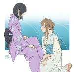  2girls absurdres barefoot bddd777 black_hair blush braid brown_hair closed_mouth commentary dated earrings floral_print floral_print_kimono flower_earrings half_up_braid highres holding_another's_feet invisible_chair japanese_clothes jewelry kimono kneeling long_hair medium_hair miyagi_shiori multiple_girls obi print_kimono purple_eyes purple_kimono sand sash sendai_hazuki shuuniichido_classmate_wo_kau_hanashi sitting stud_earrings white_kimono yuri 
