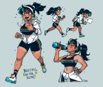 1girl artist_name bandaid bandaid_on_leg black_hair black_shorts black_socks black_sports_bra blue_hair blue_streaks blush blush_stickers bottle breasts breath brown_eyes cleavage closed_eyes closed_mouth clothes_around_waist collarbone commentary dark-skinned_female dark_skin drawstring drinking earbuds earphones english_commentary english_text exercising eyelashes fang flying_sweatdrops from_side full_body green_hair green_streaks grey_background hairband hand_on_own_hip highres holding holding_bottle hood hood_down hooded_jacket jacket jacket_around_waist medium_hair midriff multicolored_hair multiple_views navel open_mouth original partially_open_jacket partially_unzipped ponytail red_hair red_streaks running shoes shorts simple_background smile socks sports_bra streaked_hair sweat tanlines teeth the_jieb upper_teeth_only watch water water_bottle white_hairband white_jacket white_shoes wristwatch yeet-chan_(the_jieb) 