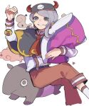  1boy ankle_strap ascot baku_(creature) belt black_belt black_capelet blue_eyes brown_pants capelet cloud commentary_request creature earrings feet_out_of_frame hand_up highres holding holding_pendulum holding_pillow jewelry male_focus mask mask_on_head medium_hair pants parted_lips pendulum pillow purple_hair puyopuyo puyopuyo_quest red_ascot shirt shirt_tucked_in simple_background sleep_mask smile solo star_(symbol) suspenders traditional_youkai urolo white_background white_shirt zenon_(puyopuyo) 