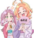  2girls ahoge akechi_anna akizora_(aki_precure) alternate_hairstyle animal_on_shoulder blush closed_eyes commentary_request green_eyes hair_intakes hair_ribbon hand_fan highres holding holding_fan japanese_clothes kimono kobayashi_mikuru long_hair looking_at_another meitantei_precure! multiple_girls open_mouth orange_hair paper_fan pink_kimono pink_ribbon pochi-tan precure purple_hair purple_kimono ribbon sash smile twintails uchiwa white_background yukata 