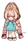  1girl alternate_costume animal_ear_fluff animal_ear_piercing animal_ears animal_feet blue_dress blush braid braided_twintails bright_pupils closed_mouth commentary_request deformed dress full_body furry furry_female hair_ornament hand_on_own_hip hat highres kindergarten_uniform korean_commentary long_hair looking_at_viewer pink_fur pink_hair pretty_period rabbit_ears rabbit_girl red_eyes school_hat short_eyebrows simple_background solo sphere_hair_ornament twin_braids twitter_username white_background white_pupils yellow_hat zenless_zone_zero zhao_(zenless_zone_zero) 