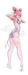  1girl absurdres aqua_streaks aria_(human)_(zenless_zone_zero) aria_(zenless_zone_zero) armpits ass bailandsnq black_bow blue_eyes bow breasts cosplay dress from_side full_body hair_bow heart highres holding holding_microphone looking_at_viewer microphone multicolored_hair one_eye_closed pink_hair remielle_dan remielle_dan_(cosplay) simple_background small_breasts smile solo streaked_hair thighhighs v v_over_eye white_background white_dress white_thighhighs wings zenless_zone_zero 