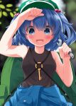  1girl :d backpack bag black_shirt blue_eyes blue_hair blue_shirt blue_skirt blurry blush breasts clothes_around_waist commentary_request completion_time depth_of_field eyes_visible_through_hair green_bag green_hat hair_bobbles hair_ornament hat highres holding holding_wrench jewelry kawashiro_nitori key key_necklace looking_at_viewer medium_breasts medium_hair necklace open_mouth ruu_(tksymkw) shirt shirt_around_waist skirt sleeveless sleeveless_shirt smile solo sweat touhou two_side_up wrench 