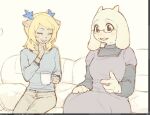  2girls amamoma blush carol_holiday commentary_request couch cropped cup deltarune dress furry furry_female goat horns long_sleeves mug multiple_girls toriel unfinished utdr_(toby_fox) 