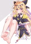  1girl absurdres antenna_hair barefoot black_capelet black_dress black_necktie blonde_hair blush capelet commentary_request convenient_leg cure_arcana_shadow dress earrings feet full_body hair_intakes highres jewelry knees_up long_hair matcha_november meitantei_precure! necktie pink_eyes precure sidelocks single_earring sitting soles solo toes very_long_hair white_wrist_cuffs wrist_cuffs 