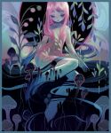  1girl absurdres aqua_border border closed_eyes colored_skin expressionless feefal full_body green_skin grey_skin highres long_hair multicolored_skin mushroom navel nude original pink_hair plant sitting solo swirl vines 