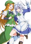  2girls alternate_headwear apron back_bow black_bow black_bowtie black_socks blue_dress blue_eyes boots bow bowtie braid brown_boots closed_mouth collared_shirt commentary_request dress eichi_yuu frilled_dress frills gloves green_bow green_bowtie green_hat green_skirt green_vest grey_hair hair_bow hand_on_another's_shoulder hat hat_ornament hong_meiling izayoi_sakuya knee_boots kneehighs knife lace-up_boots leg_up long_hair looking_at_viewer maid maid_apron maid_headdress multiple_girls orange_hair pants shirt simple_background skirt smile socks star_(symbol) star_hat_ornament touhou twin_braids very_long_hair vest white_background white_bow white_gloves white_pants white_shirt 