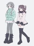  2girls :d absurdres black_boots black_skirt blue_eyes blush boots buttons closed_eyes coat copyright_request double_bun down_jacket fashion full_body fur-trimmed_coat fur_trim green_jacket grey_hair grey_pantyhose hair_bun hair_intakes hair_ornament hair_scrunchie hands_in_pockets heart_button highres himekaji jacket long_hair multiple_girls open_mouth pantyhose plaid_clothes plaid_skirt polka_dot polka_dot_pantyhose ribbon scrunchie simple_background skirt smile standing star_(symbol) star_hair_ornament thigh_boots two_side_up white_background white_coat white_ribbon white_scrunchie white_skirt wishcore zettai_ryouiki zezezezennte 