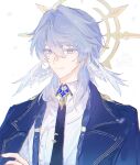  1boy black_necktie blazer blue_jacket closed_mouth commentary_request earrings grey_hair hair_between_eyes halo halo_behind_head head_wings highres honkai:_star_rail honkai_(series) jacket jewelry looking_at_viewer male_focus maowvi7 medium_hair necktie official_alternate_costume portrait shirt simple_background solo spiked_halo sunday_(chimerric_park_countdown)_(honkai:_star_rail) sunday_(honkai:_star_rail) suspenders white_background white_shirt white_wings wings yellow_eyes 