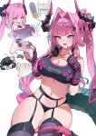  3girls absurdres alternate_costume arknights arknights:_endfield black_garter_straps black_horns black_sports_bra black_thighhighs blue_eyes breasts commentary controller dragon_girl dragon_horns dragon_tail endministrator_(arknights) english_commentary fang female_endministrator_(arknights) game_controller game_controller_print garter_straps grabbing_another's_breast groping hair_intakes hair_on_horn headphones headphones_around_neck highres holding holding_controller holding_game_controller horns large_breasts long_hair multicolored_horns multiple_girls navel open_mouth perlica_(arknights) pingfan_de_mao pink_hair pink_horns pointy_ears skin_fang sports_bra tail thick_thighs thighhighs thighs two-tone_horns yvonne_(arknights) 