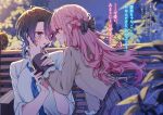  2girls arm_support bench black_bow black_hair blue_eyes blue_hair blue_necktie blue_skirt blurry blurry_background blush bow braid breasts closed_mouth collared_shirt commentary_request eye_contact face-to-face frilled_sleeves frills gakuen_no_ohimesama-kei_joshi_ga_oujisama-kei_joshi_o_kouryaku_shiyou_to_suru_hanashi gradient_hair grey_jacket hachiouji_iori hair_bow half_up_braid hanasaki_himena hand_on_another's_cheek hand_on_another's_face hand_on_another's_wrist hand_up highres jacket kudo_eru leaning_forward long_hair long_sleeves looking_at_another medium_breasts medium_hair multicolored_hair multiple_girls necktie night novel_illustration official_art on_bench open_mouth outdoors parted_bangs parted_hair pink_eyes pink_hair pleated_skirt profile school_uniform second-party_source shirt sidelocks sitting skirt sleeve_cuffs sleeves_rolled_up striped_clothes striped_necktie sweat translation_request upper_body white_shirt wolf_cut yuri 