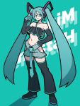  1girl absurdres adapted_costume aqua_background aqua_belt aqua_eyes aqua_hair aqua_trim bare_shoulders bean52623818 belt black_gloves black_shoes character_name clenched_hands clothing_cutout commentary crop_top detached_pants elbow_gloves english_commentary full_body gloves groin hair_ornament hand_on_own_hip hand_up hatsune_miku headset highres hip_tattoo hip_vent long_hair looking_at_viewer navel necktie_belt red_tattoo shirt shoes short_shorts shorts simple_background smile solo stomach strapless strapless_shirt tattoo twintails very_long_hair vocaloid 