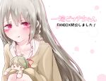  1girl ayumi_yurino blonde_hair blush character_doll closed_mouth commentary_request doll hair_between_eyes highres holding holding_doll hugging_doll hugging_object ichizu_bitch-chan iro_ironon jacket long_hair long_sleeves looking_at_viewer pink_eyes simple_background sitting solo sweater tongue tongue_out white_background 