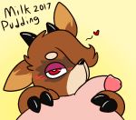  &lt;3 2017 ambiguous_gender anthro bite_(character) blush brown_fur cervine claws duo flaccid flat_colors fur half-closed_eyes hooves horn human human_on_anthro humanoid_penis interspecies male male/ambiguous mammal milkpudding oral penis red_eyes signature simple_background solo_focus tan_fur 