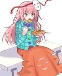  1girl aqua_shirt blush bow bowtie collared_shirt commentary_request eating food hata_no_kokoro highres long_hair long_sleeves mask mask_on_head open_mouth orange_skirt pink_eyes pink_hair plaid_clothes plaid_shirt purple_bow purple_bowtie shirt simple_background sitting skirt skirt_cutout solo takoyaki touhou vold 