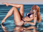  1girl bare_arms bare_legs bare_shoulders barefoot bikini black_bikini breasts brown_eyes commentary earrings elbow_rest eyewear_on_head feet from_side full_body highres horizon jewelry large_breasts leaning_back leg_up legs long_hair looking_at_viewer looking_to_the_side lying nail_polish nami_(one_piece) navel ocean on_back one_piece open_mouth orange_hair outdoors pearl_earrings red_nails reflection reflective_liquid shoulder_tattoo sideboob solo stomach stupidtako sunglasses swimsuit tattoo thighs tongue tongue_out twitter_username water wavy_hair 