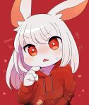 1girl animal_ears blush commentary_request drawstring furry furry_female hood hood_down hoodie long_hair long_sleeves open_mouth original po!_(popoemo) rabbit_ears rabbit_girl red_background red_eyes red_hoodie signature simple_background solo star_(symbol) sweat swept_bangs triangle_mouth twitter_username upper_body upwards_triangle_mouth white_fur white_hair 