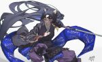  1girl absurdres animal_ears arknights armor bad_anatomy bad_hands beads black_hair black_kimono breasts chinese_commentary closed_eyes clothing_cutout commentary_request dated dog_ears dog_girl dynamic_pose elbow_gloves facial_mark feet_out_of_frame floating_hair forehead_mark gloves highres hip_vent holding holding_polearm holding_weapon japanese_armor japanese_clothes kimono knee_pads kusazuri long_hair medium_breasts naginata pants parted_bangs polearm prayer_beads purple_gloves purple_pants saga_(arknights) signature single_elbow_glove solo very_long_hair weapon weiqi_ban_ge_yue 