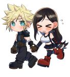  >_< 1boy 1girl armor black_hair black_skirt black_thighhighs blonde_hair blue_eyes blush boots breasts closed_eyes closed_mouth cloud_strife commentary_request couple crop_top embarrassed final_fantasy final_fantasy_vii final_fantasy_vii_rebirth final_fantasy_vii_remake flying_sweatdrops full_body hetero highres holding_hands large_breasts long_hair low-tied_long_hair miniskirt open_mouth pinyata_(pinyaland) red_boots short_hair shoulder_armor shy simple_background skirt spiked_hair tank_top thighhighs tifa_lockhart walking white_background white_tank_top zettai_ryouiki 