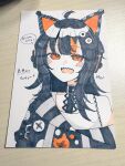  1girl ahoge animal_ear_headphones animal_ears arm_belt bare_shoulders belt_collar black_choker black_hair black_sweater cat_ear_headphones cat_ears choker collar commentary_request eyeball_hair_ornament fake_animal_ears headphones highres kotokoto_(555555351o) long_sleeves looking_at_viewer mahou_shoujo_no_majo_saiban multicolored_hair off-shoulder_sweater off_shoulder open_mouth orange_eyes orange_streaks sawatari_coco sharp_teeth shirt short_hair simple_background single_bare_shoulder sleeveless sleeveless_shirt smile solo speech_bubble streaked_hair sweater teeth thank_you traditional_media translation_request upper_body upper_teeth_only white_background white_shirt 