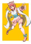  1girl 86-shiki animal_ears bell border breasts cat_ears cat_paw cat_tail commentary_request fingerless_gloves fire_emblem fire_emblem_fates fire_emblem_heroes fur-trimmed_thighhighs fur_trim gloves hairband halloween halloween_costume hands_up japanese_clothes looking_at_viewer multiple_tails nekomata official_alternate_costume open-toe_boots open_mouth outstretched_arms panties pink_gloves pink_hair sakura_(fire_emblem) sakura_(gentle_nekomata)_(fire_emblem) small_breasts solo tail tail_bell tail_ornament thighhighs two_tails underwear white_border white_panties yellow_background 