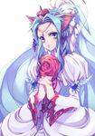  agarte_lindblum animal_ears blue_eyes blue_hair bow cat_ears crown flower hair_bow hands_clasped juliet_sleeves kirimi_maguro long_hair long_sleeves mini_crown own_hands_together puffy_sleeves red_flower red_rose rose slit_pupils solo tales_of_(series) tales_of_rebirth tiara veil white_background 