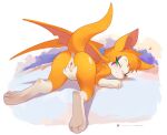  1girl ancesra animal_ears anus ass bat_wings body_fur digitigrade dust:_an_elysian_tail fidget_(dust:_an_elysian_tail) furry furry_female green_eyes highres large_variant_set one_eye_closed orange_fur pussy solo spread_pussy spreading_own_pussy tail top-down_bottom-up two-tone_fur uncensored variant_set white_fur wings 
