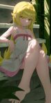  1girl absurdres bare_arms bare_shoulders blonde_hair commentary danuya_(danuya030) dress fang flat_chest full_body highres long_hair monogatari_(series) oshino_shinobu outdoors pointy_ears solo vampire white_dress yellow_eyes 