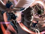  1girl 3others angel_wings black_dress black_gloves black_thighhighs blood blood_on_arm blood_on_chest blood_on_clothes blood_on_face blood_on_neck blue_dress blue_gloves blue_hair blue_thighhighs breasts cleavage commentary dress energy energy_ball energy_beam english_commentary erkaz feathered_wings flying full_body gloves green_dress green_gloves green_thighhighs highres large_breasts lips magical_girl medium_hair multiple_others open_mouth original outdoors outstretched_arms parted_lips red_eyes rina_atherina short_dress signature sleeveless sleeveless_dress strapless strapless_dress teeth thighhighs white_thighhighs wings 