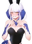 1girl animal_ears au_ra blue_hair blush breasts commentary dragon_girl dragon_horns dragon_tail fake_animal_ears final_fantasy final_fantasy_xiv finger_heart grin heart heart-shaped_pupils highleg highleg_leotard horns large_breasts leotard long_hair looking_at_viewer moth_ram multicolored_hair original playboy_bunny ponytail rabbit_ears scales simple_background smile solo strapless strapless_leotard symbol-shaped_pupils tail two-tone_hair untranslatable_commentary warrior_of_light_(ff14) white_background white_hair yellow_eyes 