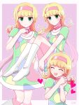  1girl blonde_hair boots border closed_eyes closed_mouth commentary_request dress goha_yuuna green_dress green_eyes heart looking_at_viewer medium_hair multiple_views open_mouth own_hands_together pink_background pink_scarf s_ebi scarf smile solo thigh_boots white_boots white_border yu-gi-oh! yu-gi-oh!_go_rush!! 